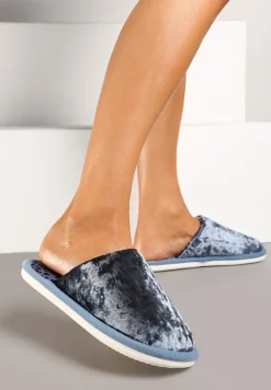 Granatowe Kapcie na Płaskiej Podeszwie z Welurowym Materiałem Temiga