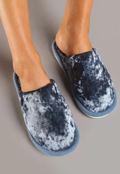 Granatowe Kapcie na Płaskiej Podeszwie z Welurowym Materiałem Temiga