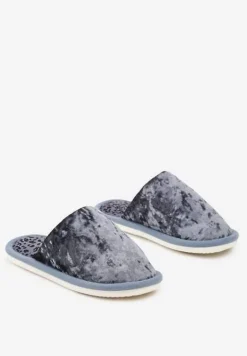 Granatowe Kapcie na Płaskiej Podeszwie z Welurowym Materiałem Temiga