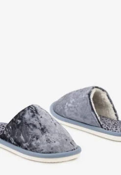 Granatowe Kapcie na Płaskiej Podeszwie z Welurowym Materiałem Temiga