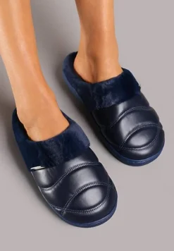 Granatowe Kapcie Vices na Płaskiej Podeszwie z Futerkiem i Pikowaniem Equaravia