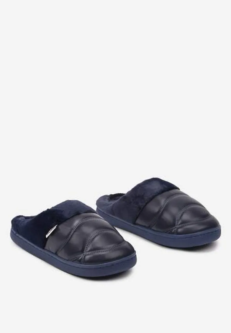 Granatowe Kapcie Vices na Płaskiej Podeszwie z Futerkiem i Pikowaniem Equaravia
