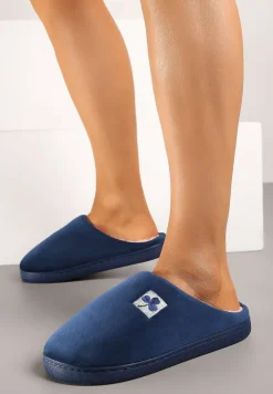 Granatowe Kapcie Vices z Weluru na Płaskiej Podeszwie Cellia