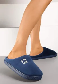 Granatowe Kapcie Vices z Weluru na Płaskiej Podeszwie Cellia