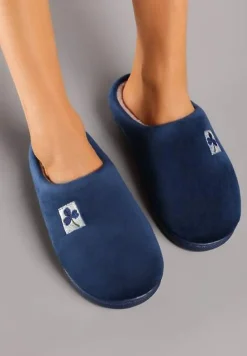 Granatowe Kapcie Vices z Weluru na Płaskiej Podeszwie Cellia