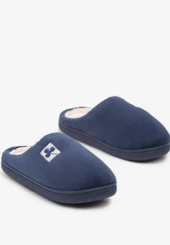 Granatowe Kapcie Vices z Weluru na Płaskiej Podeszwie Cellia