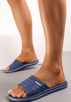 Granatowe Klapki Basenowe z Szerokim Paskiem Sayeh
