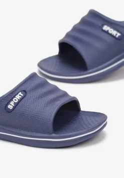 Granatowe Klapki Basenowe z Szerokim Paskiem Sayeh