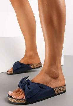 Granatowe Klapki na Korkowej Podeszwie Zdobione Kokardką Abiding