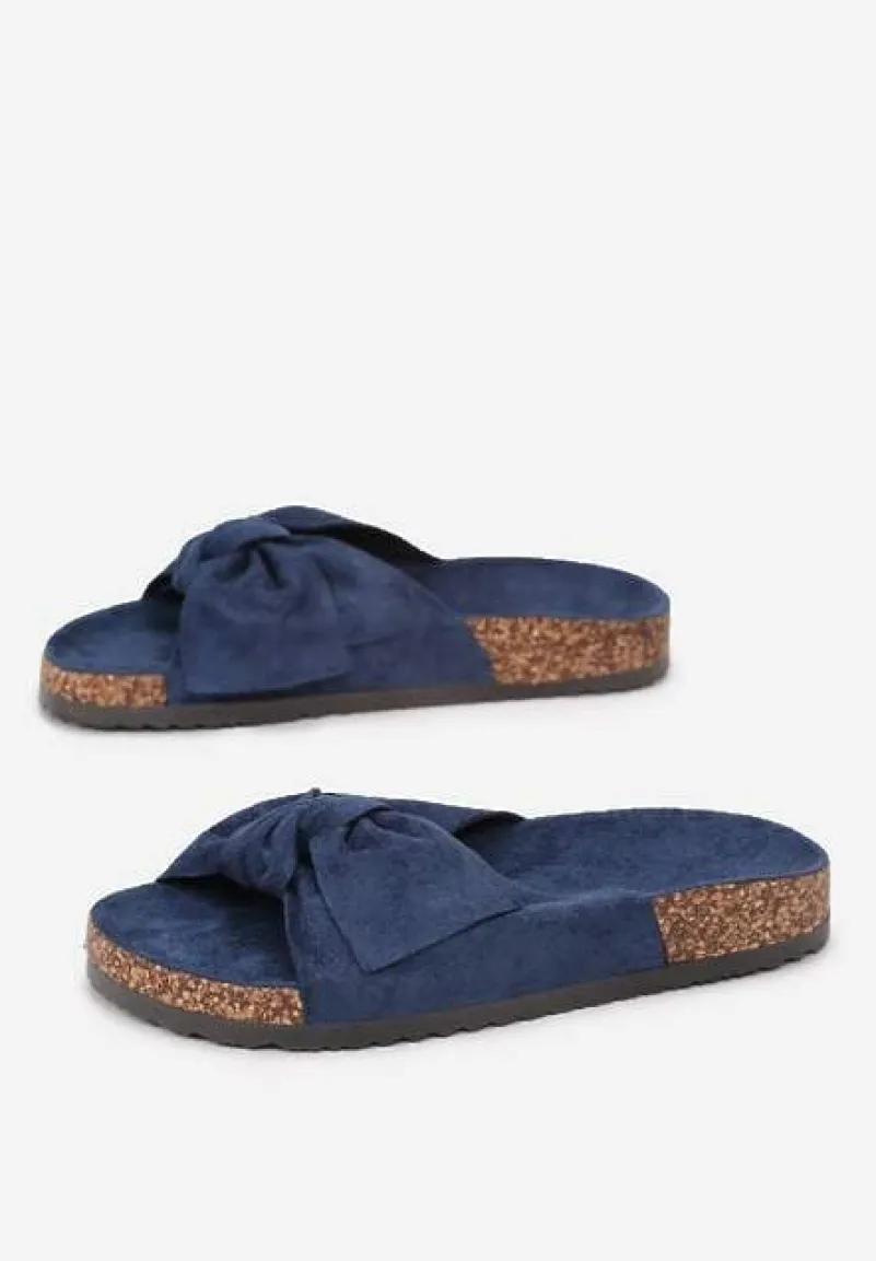 Granatowe Klapki na Korkowej Podeszwie Zdobione Kokardką Abiding