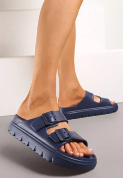 Granatowe Klapki z Regulowanymi Paskami na Platformie Idama