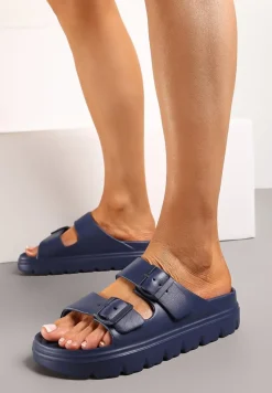 Granatowe Klapki z Regulowanymi Paskami na Platformie Idama