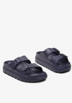 Granatowe Klapki z Regulowanymi Paskami na Platformie Idama