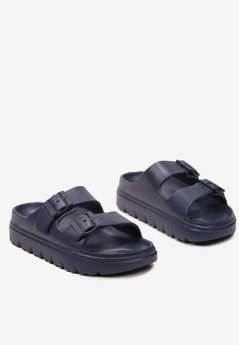Granatowe Klapki z Regulowanymi Paskami na Platformie Idama