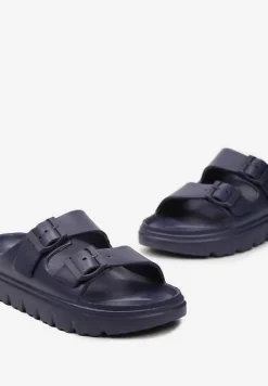 Granatowe Klapki z Regulowanymi Paskami na Platformie Idama