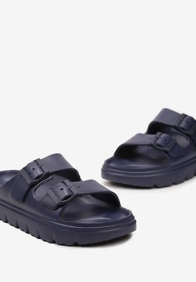 Granatowe Klapki z Regulowanymi Paskami na Platformie Idama