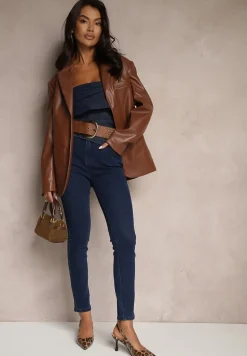 Granatowe Klasyczne Jeansy o Kroju Slim Filzedis