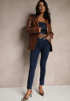 Granatowe Klasyczne Jeansy o Kroju Slim Filzedis