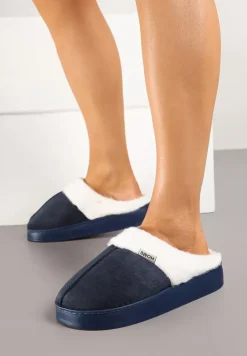 Granatowe Klasyczne Kapcie Vices z Ozdobnym Futrem Eleahilde