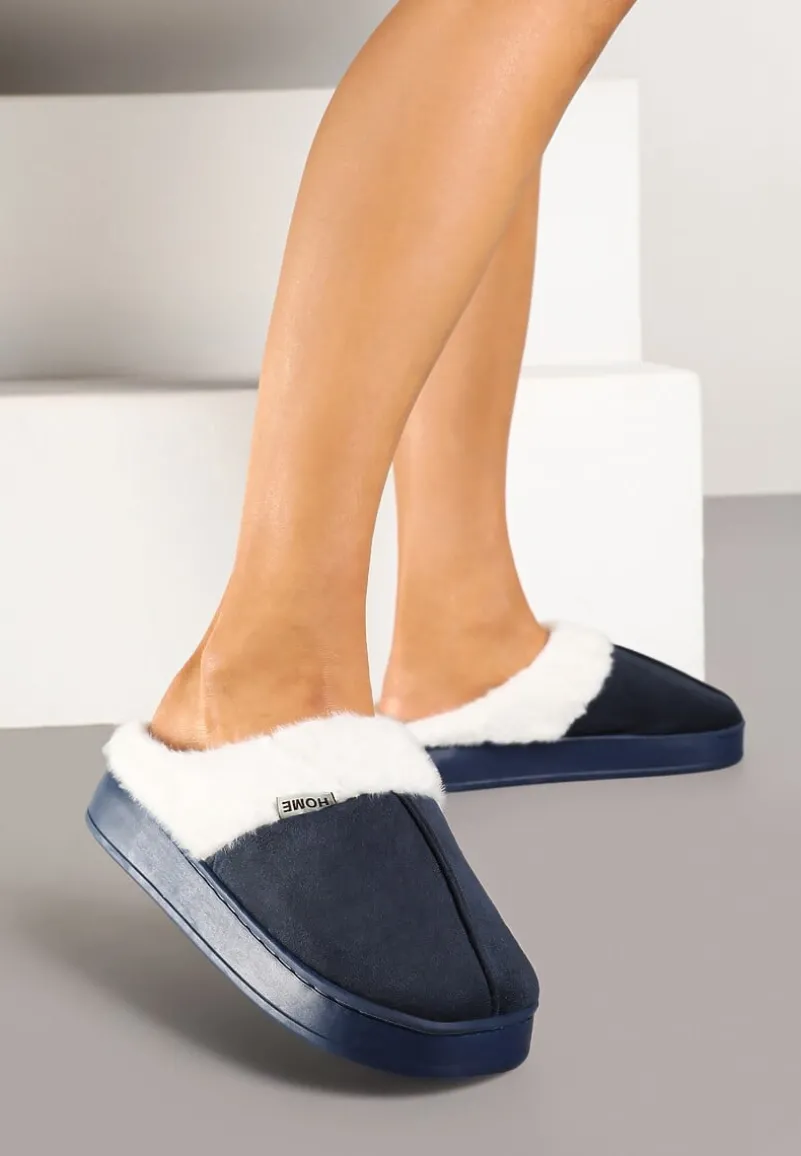 Granatowe Klasyczne Kapcie Vices z Ozdobnym Futrem Eleahilde
