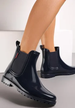 Granatowe Lakierowane Kalosze Typu Sztyblety z Elastycznymi Wstawkami Po Bokach Loran