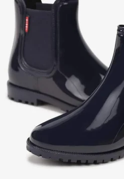 Granatowe Lakierowane Kalosze Typu Sztyblety z Elastycznymi Wstawkami Po Bokach Loran