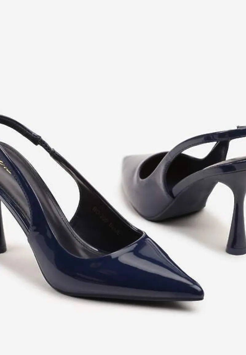 Granatowe Lakierowane Sandały Szpilki Typu Slingback Ulios