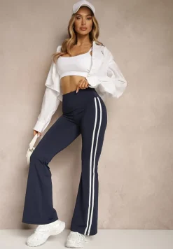 Granatowe Legginsy Flare High Waist z Marszczeniem i Lampasami Kirsena