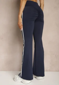 Granatowe Legginsy Flare High Waist z Marszczeniem i Lampasami Kirsena