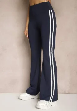 Granatowe Legginsy Flare High Waist z Marszczeniem i Lampasami Kirsena