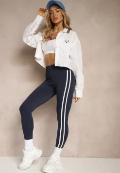 Granatowe Legginsy High Waist z Push-Upem z Elastycznego Materiału z Lampasami Ateria