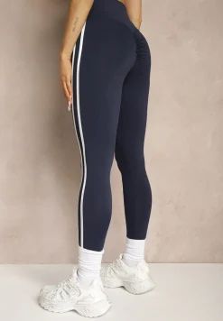 Granatowe Legginsy High Waist z Push-Upem z Elastycznego Materiału z Lampasami Ateria