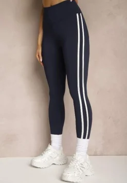 Granatowe Legginsy High Waist z Push-Upem z Elastycznego Materiału z Lampasami Ateria