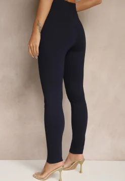 Granatowe Legginsy High Waist z Wiskozą z Cyrkoniowym Guzikiem Naliselle