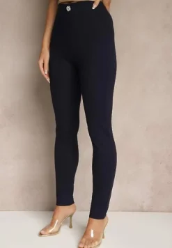 Granatowe Legginsy High Waist z Wiskozą z Cyrkoniowym Guzikiem Naliselle