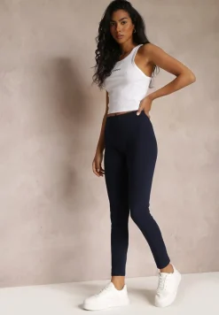 Granatowe Legginsy z Długimi Nogawkami i Gumką w Talii z Bawełny Ayvia