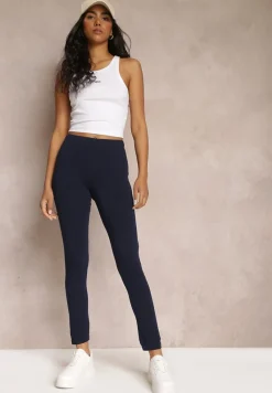 Granatowe Legginsy z Długimi Nogawkami i Gumką w Talii z Bawełny Ayvia
