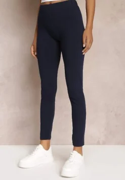 Granatowe Legginsy z Długimi Nogawkami i Gumką w Talii z Bawełny Ayvia