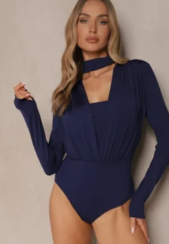 Granatowe Marszczone Body z Wiskozą i Ozdobną Zakładką Mortattia