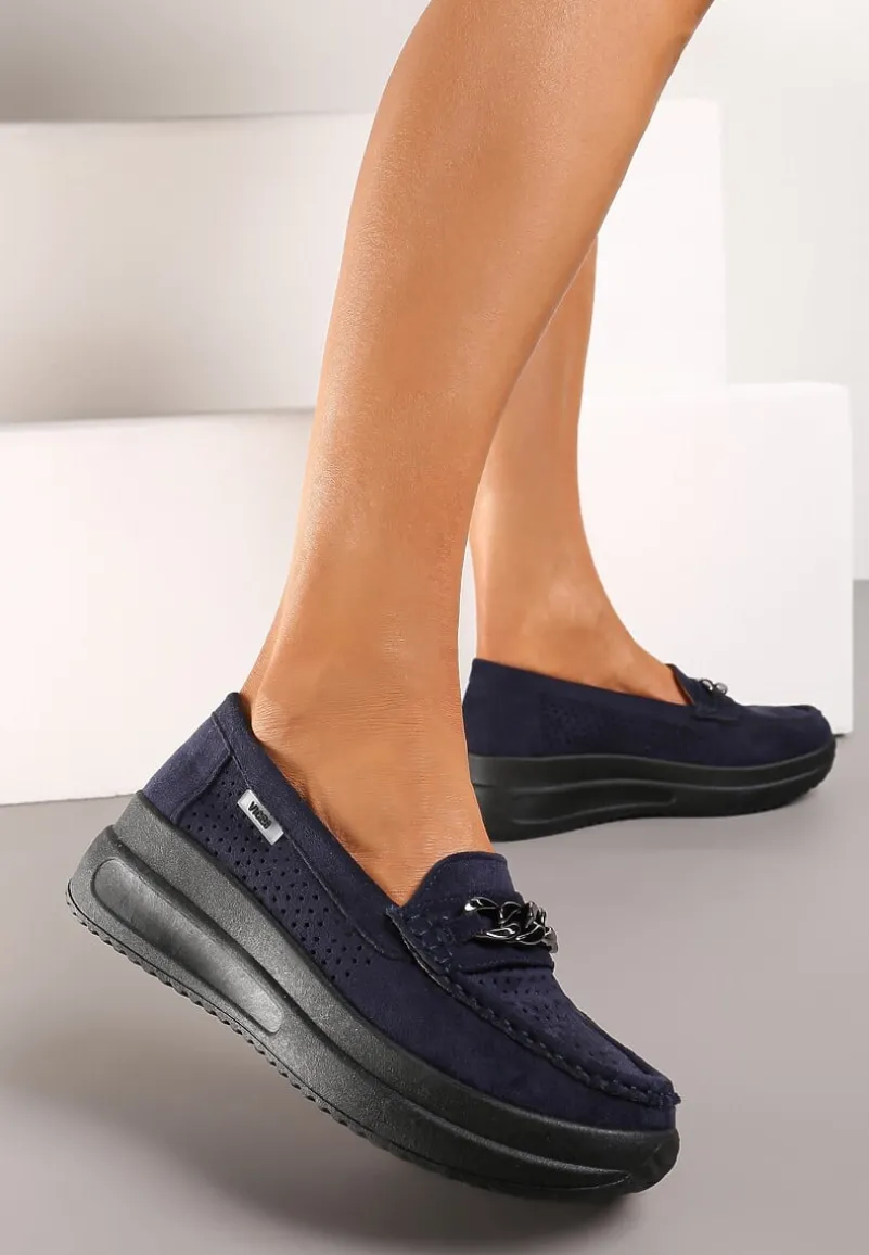 Granatowe Mokasyny na Platformie z Łańcuszkiem Himenna