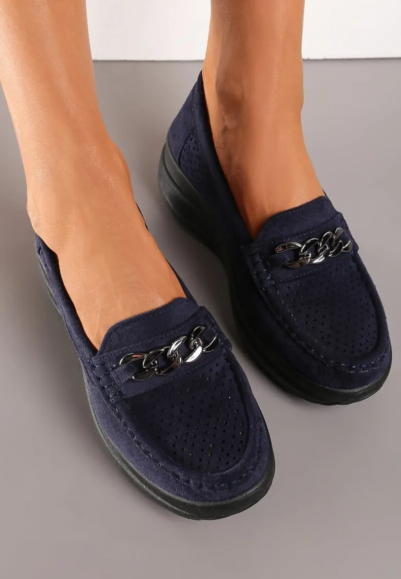 Granatowe Mokasyny na Platformie z Łańcuszkiem Himenna