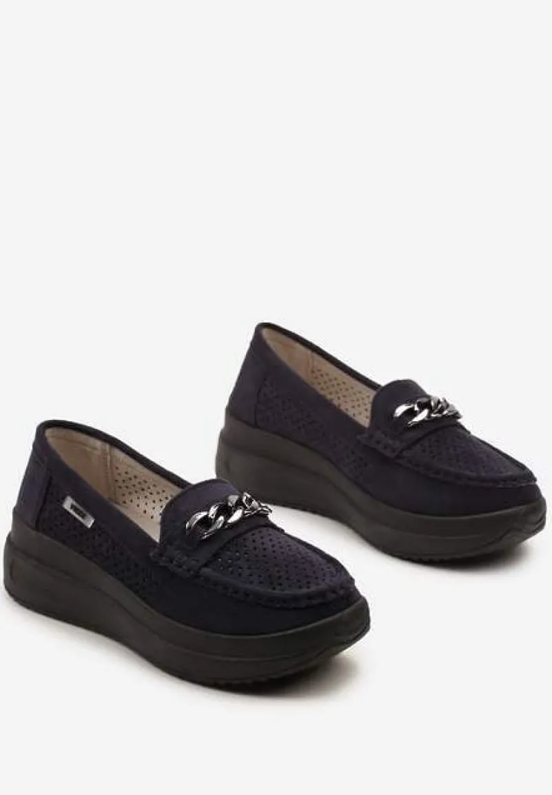 Granatowe Mokasyny na Platformie z Łańcuszkiem Himenna