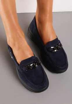 Granatowe Mokasyny z Łańcuszkiem na Wysokiej Platformie Iracana