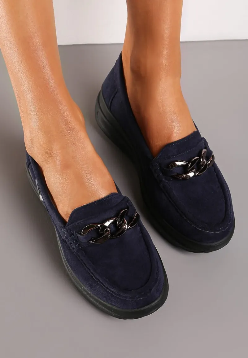 Granatowe Mokasyny z Łańcuszkiem na Wysokiej Platformie Iracana