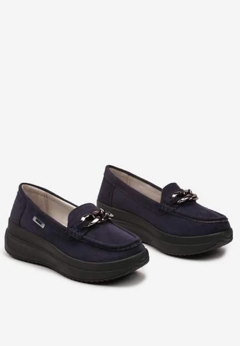 Granatowe Mokasyny z Łańcuszkiem na Wysokiej Platformie Iracana
