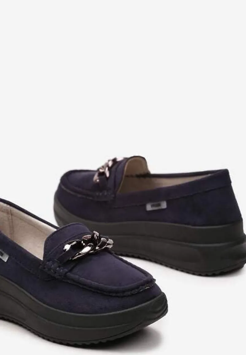 Granatowe Mokasyny z Łańcuszkiem na Wysokiej Platformie Iracana