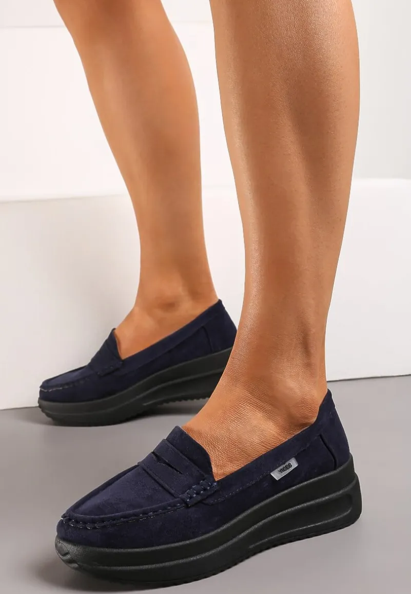 Granatowe Mokasyny z Ekozamszu na Platformie Ozdobione Paseczkiem Adrancia