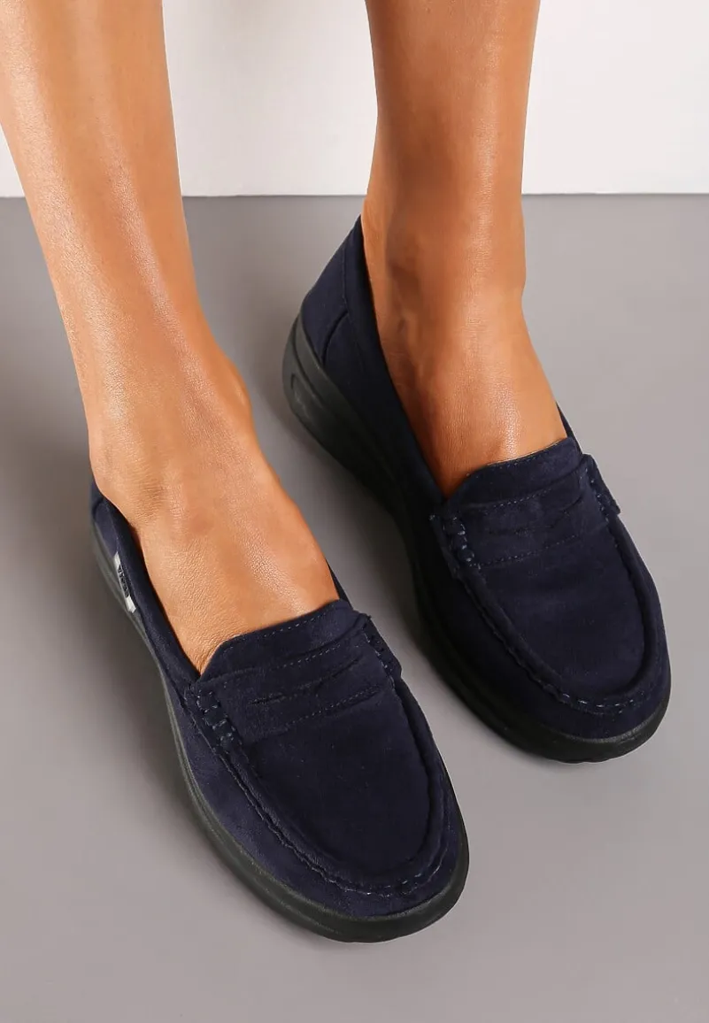 Granatowe Mokasyny z Ekozamszu na Platformie Ozdobione Paseczkiem Adrancia