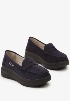 Granatowe Mokasyny z Ekozamszu na Platformie Ozdobione Paseczkiem Adrancia