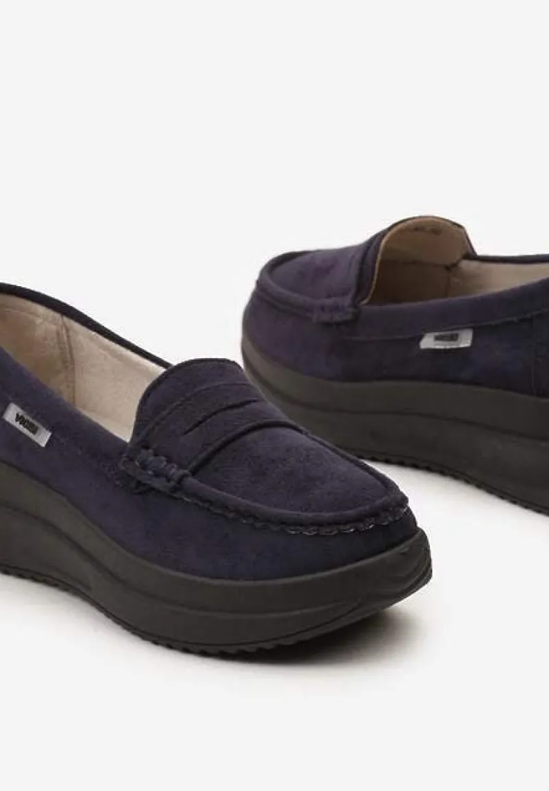 Granatowe Mokasyny z Ekozamszu na Platformie Ozdobione Paseczkiem Adrancia